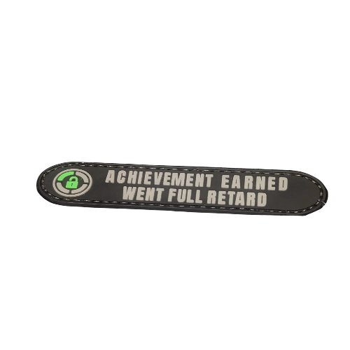Textured patch with humorous text on a white background