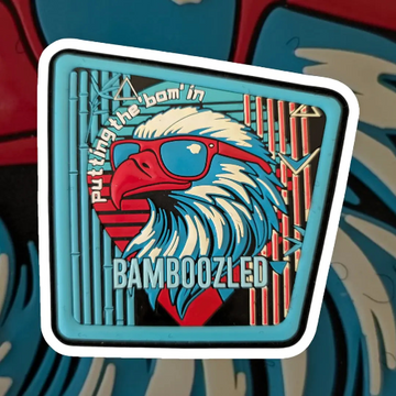Sticker with a stylized bird wearing sunglasses and text 'Putting the bon' in BAMBOOZLED' 