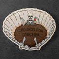 grounds for concern embossed coffee skeleton vinyl sticker close up
