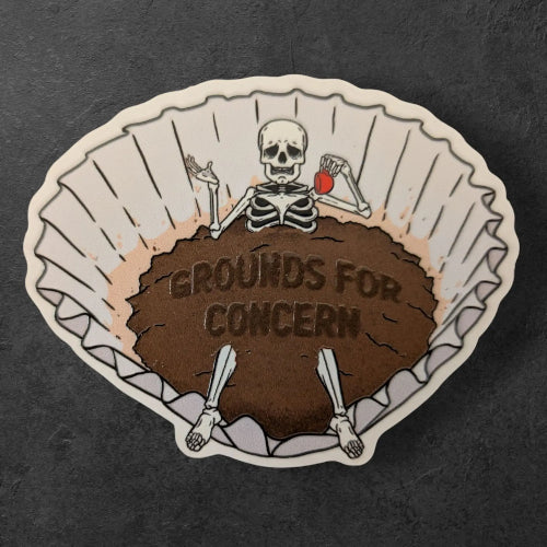 grounds for concern embossed coffee skeleton vinyl sticker close up
