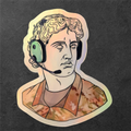 Holographic sticker of a person with headphones on a dark background
