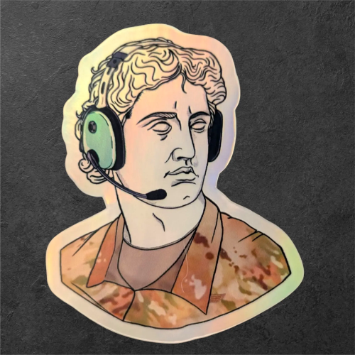 Holographic sticker of a person with headphones on a dark background