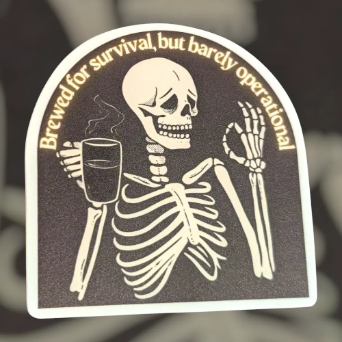 skeleton coffee urn matte vinyl humor sticker close up